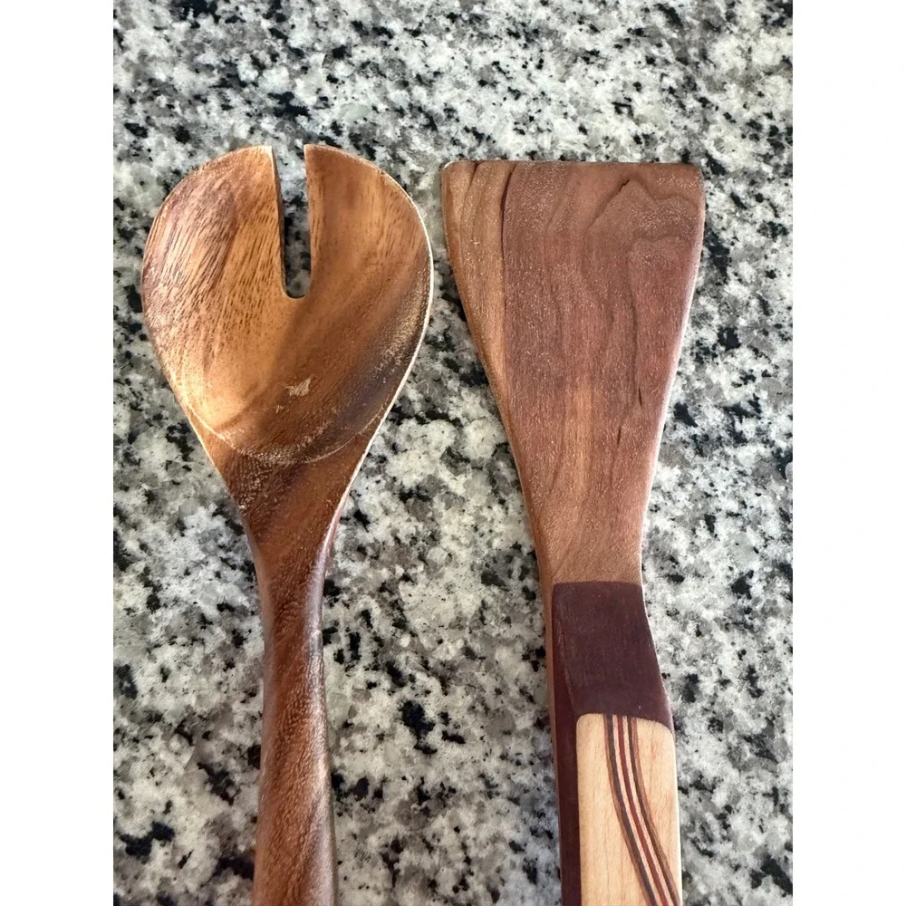 Handcrafted Wooden Kitchen Set of 2 Salad Spoon Spatula Rustic Artisan Wood